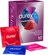 Durex Surprise Me Variety Pack, 40 Condoms, Thin feel, Extra Safe, Pleasure Me, Tickle Me, With Silicone Lube, Condoms Bulk for men, Regular Fit, Ribbed and Dotted, Easy on Shape, Teat Ended