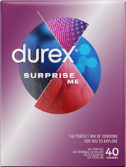 Durex Surprise Me Variety Pack, 40 Condoms, Thin feel, Extra Safe, Pleasure Me, Tickle Me, With Silicone Lube, Condoms Bulk for men, Regular Fit, Ribbed and Dotted, Easy on Shape, Teat Ended