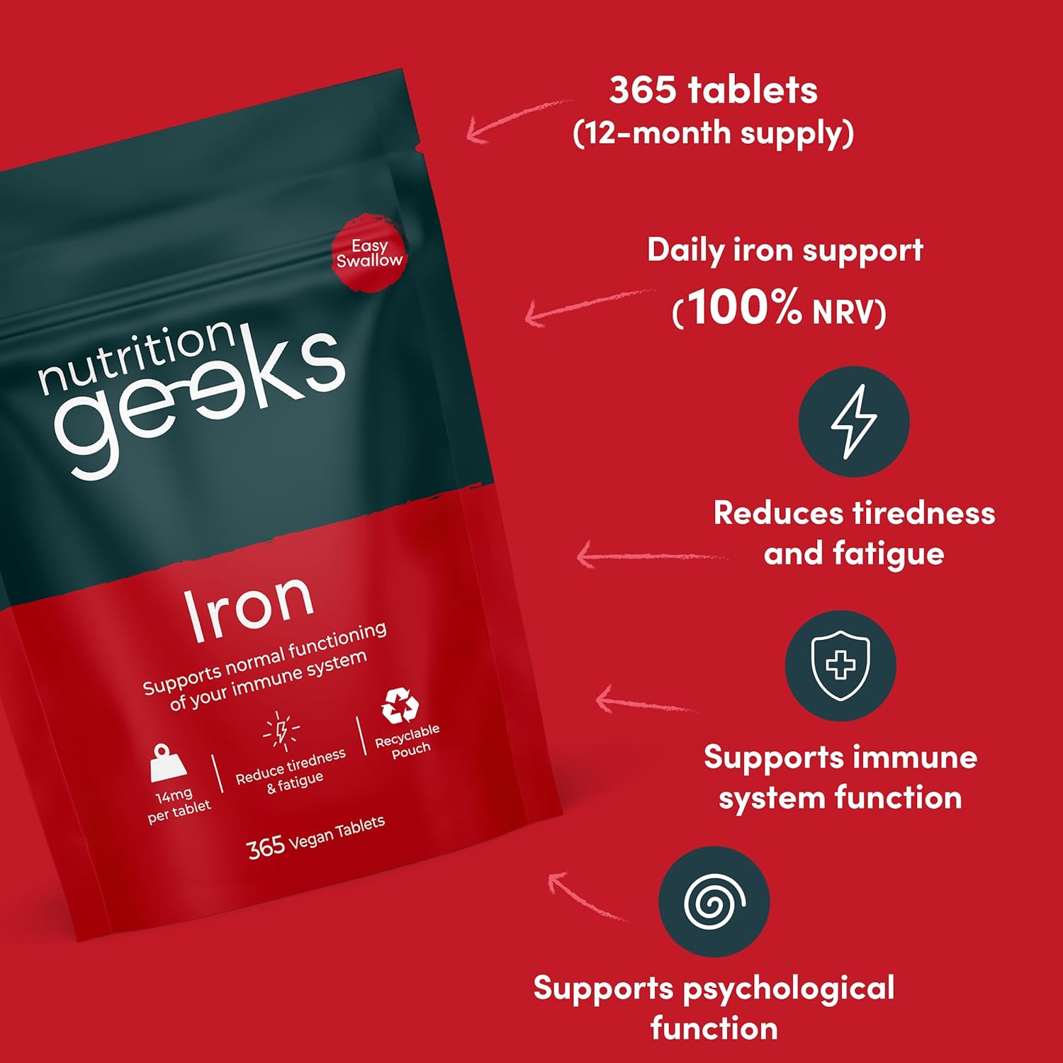 Iron Tablets High Strength 14mg - 365 Tablets, 12 Months Supply - Vegan Iron Supplements for Women and Men - Ferrous Fumarate, Reduces Tiredness and Fatigue - UK Made Vitamin