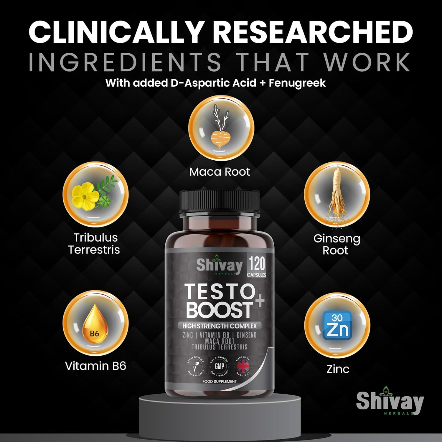 Testo Boost Men’s Vitality & Energy Supplement – Zinc, Vitamin B6, Ginseng, Maca, Tribulus – 120 Vegan Capsules – 2-Month Supply – Made in UK by Shivay Herbals