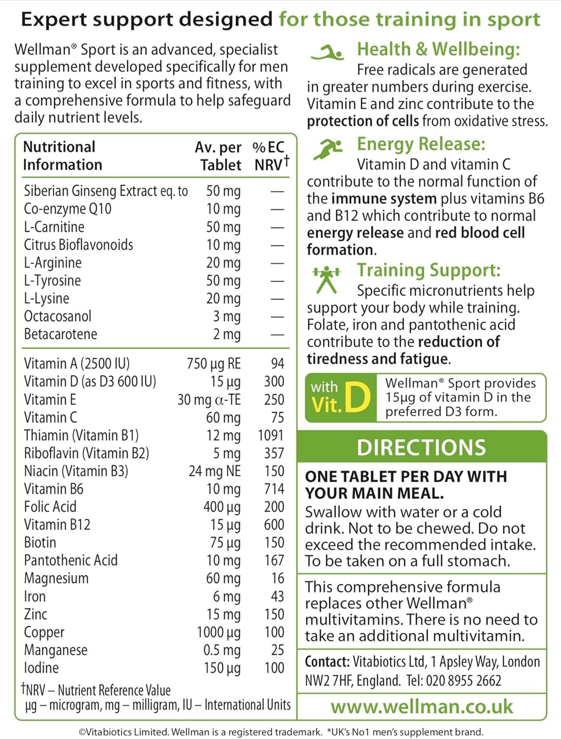 Multivitamin Tablets for Men Wellman Sport, 30 Tablets (Pack of 1)