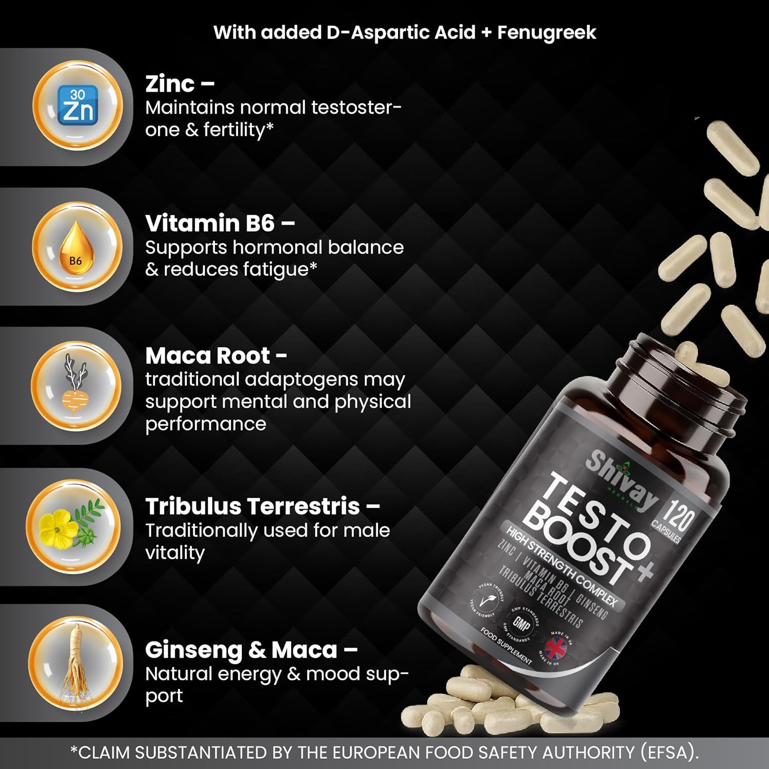 Testo Boost Men’s Vitality & Energy Supplement – Zinc, Vitamin B6, Ginseng, Maca, Tribulus – 120 Vegan Capsules – 2-Month Supply – Made in UK by Shivay Herbals