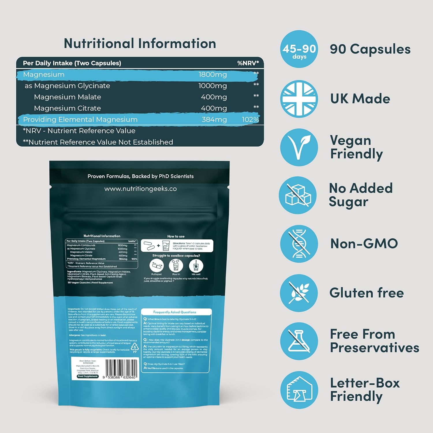 Magnesium Glycinate 3-in-1 Complex - 1800mg Supplements as Bisglycinate, Citrate & Malate 90 Vegan Capsules, Triple High Absorption 384mg Elemental, UK Made