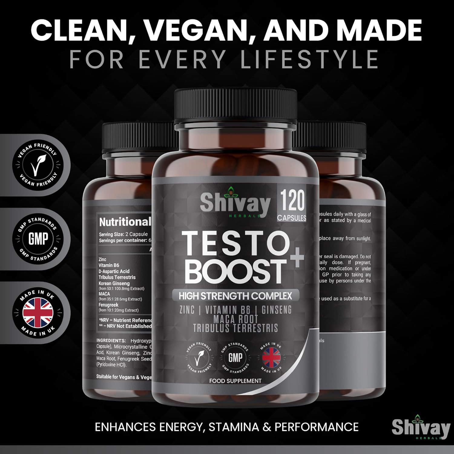Testo Boost Men’s Vitality & Energy Supplement – Zinc, Vitamin B6, Ginseng, Maca, Tribulus – 120 Vegan Capsules – 2-Month Supply – Made in UK by Shivay Herbals